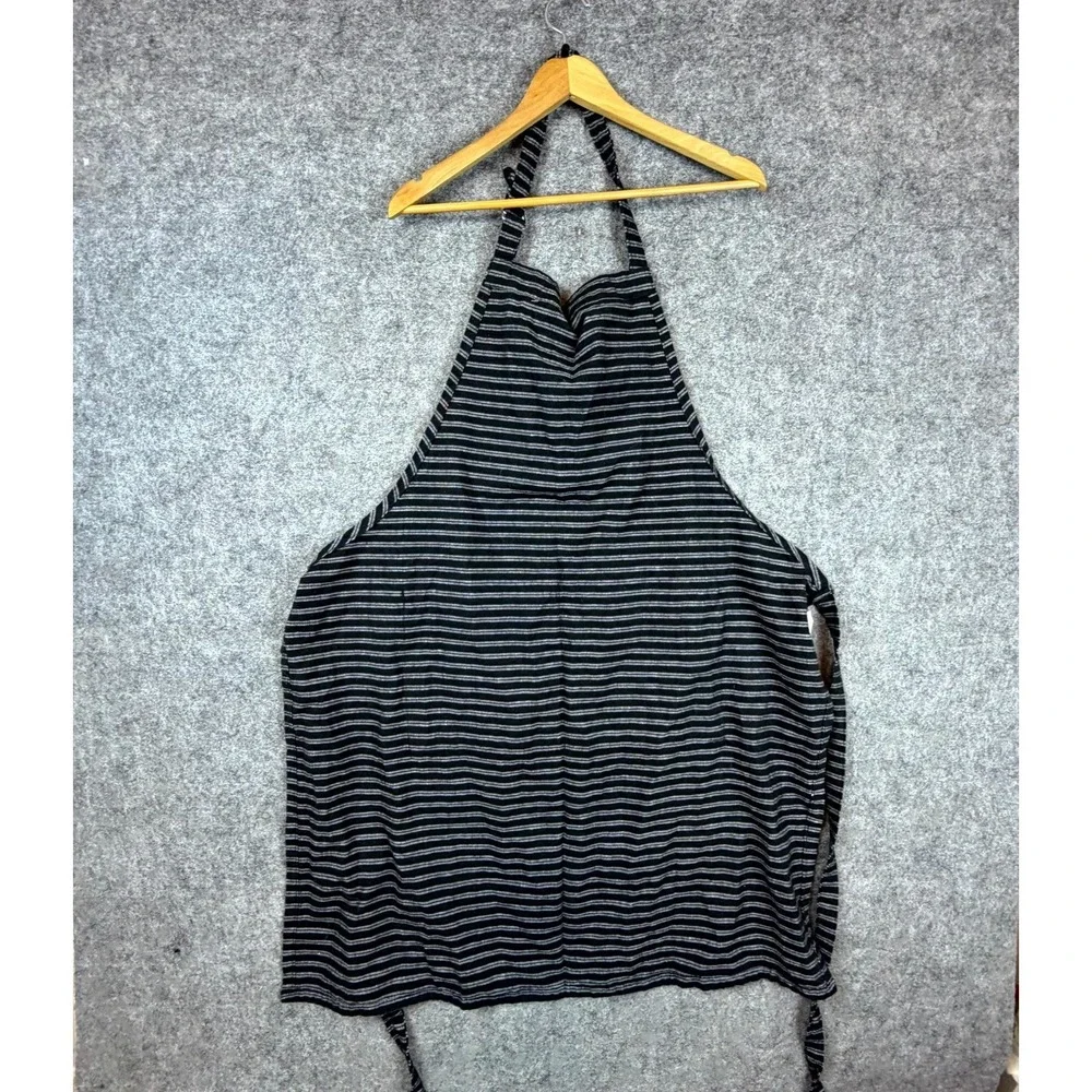 Working Kitchen Apron Unisex 28 x 36 Black White Cotton Striped Front Pocket